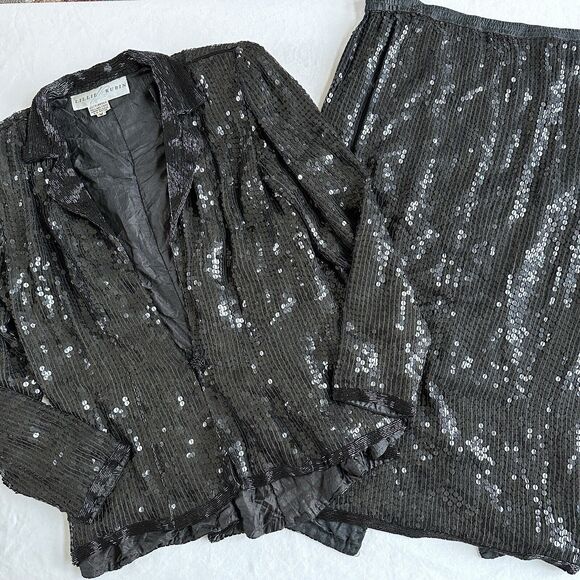 LILLIE RUBIN Black Sequin 100% Silk JACKET SKIRT SUIT VINTAGE 1990s Medium Set - Picture 2 of 8